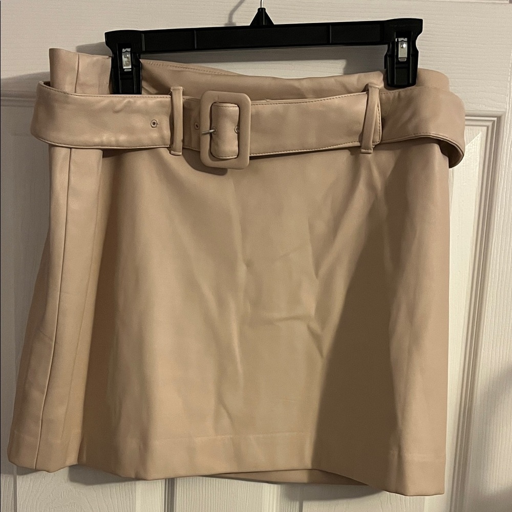 Express Cream Faux leather Belted Mini Skirt